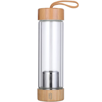 “TEA BREWING” בקבוק זכוכית דופן כפולה עם פילטר לחליטת תה מכסה במבוק מבית H2O