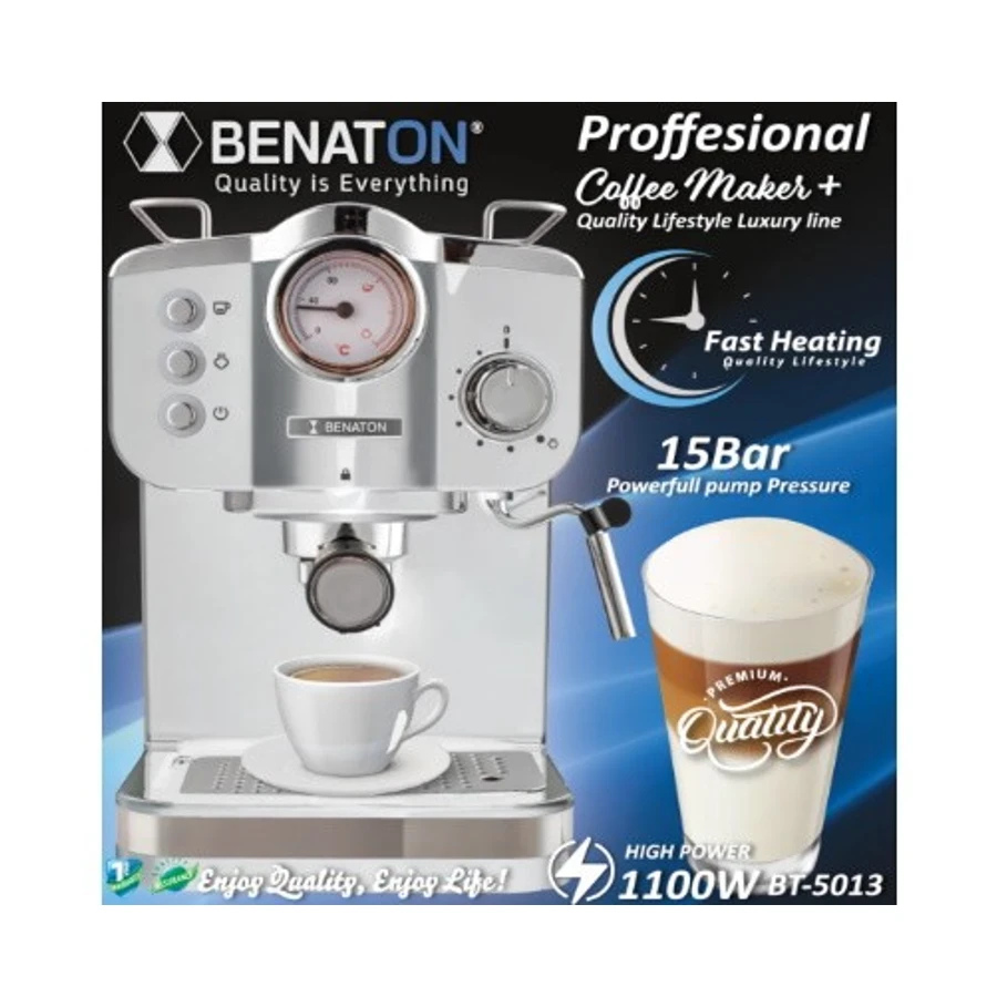 BENATON מכונת קפה ביתית מקצועית 15BAR 1100W כולל מד לחץ ומקציף - Septier – תמונה 2