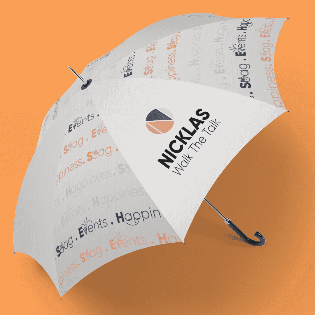 מטריה לבנה בעיצוב אישי - personalized Design Umbrella ממותג NICKLAS עם רקע כתום