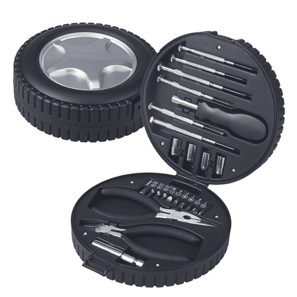 ערכת כלים רב תכליתי במארז פלסטיק קשיח בעיצוב גלגל צמיג בצבע שחור וכסף