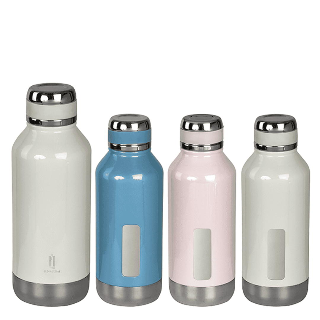בקבוק תרמי נירוסטה חם / קר עם לוחית כרום במארז גליל מהודר מבית H2O-Pro בצבעים כחול, לבן ורוד